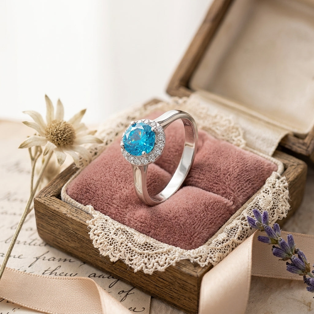 Anillo de plata con topacio azul y circonitas cúbicas
