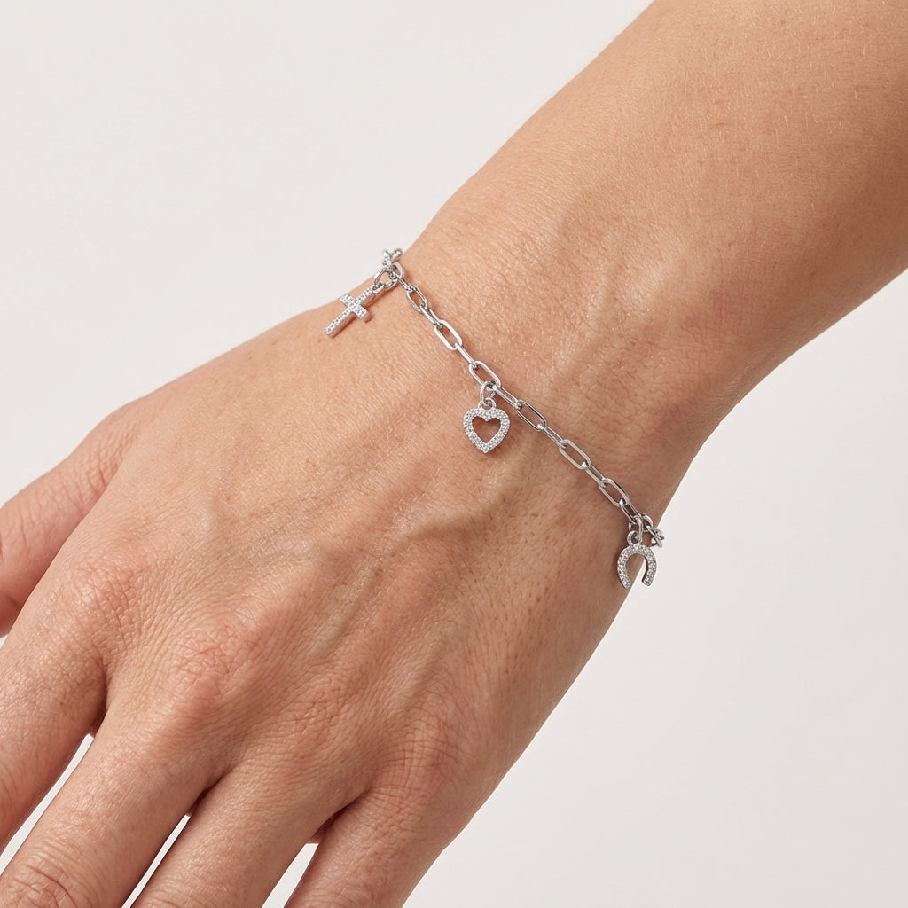 Sterling Silver CZ Charm Bracelet with Cross, Heart & Horseshoe
