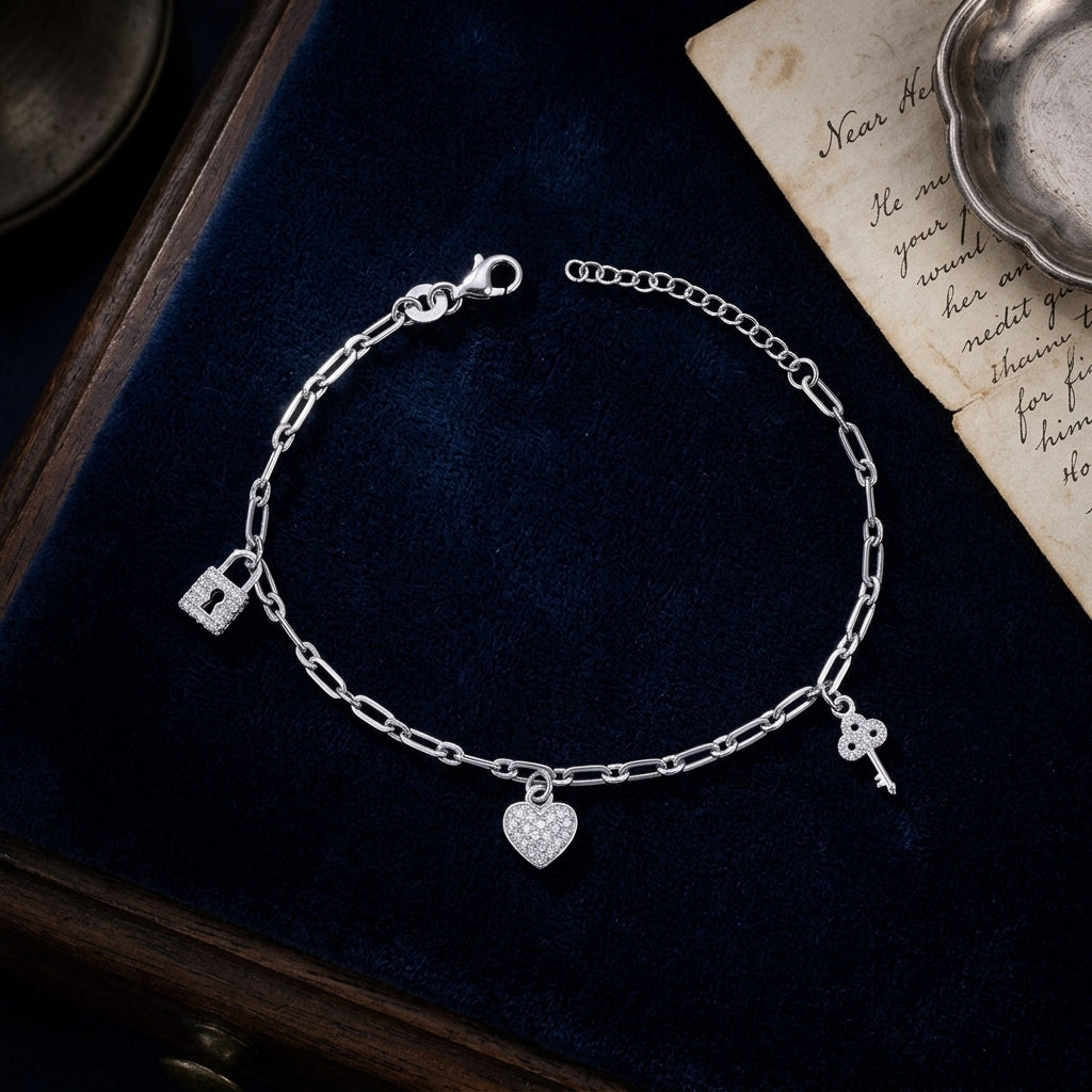 Silver-Tone Charm Bracelet with White CZ Padlock, Heart & Key, Adjustable 16–19 cm