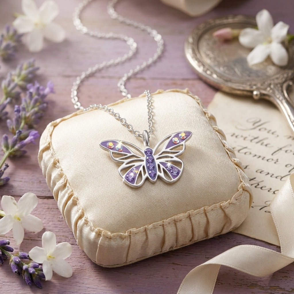 Butterfly Sterling Silver Necklace with Crystal