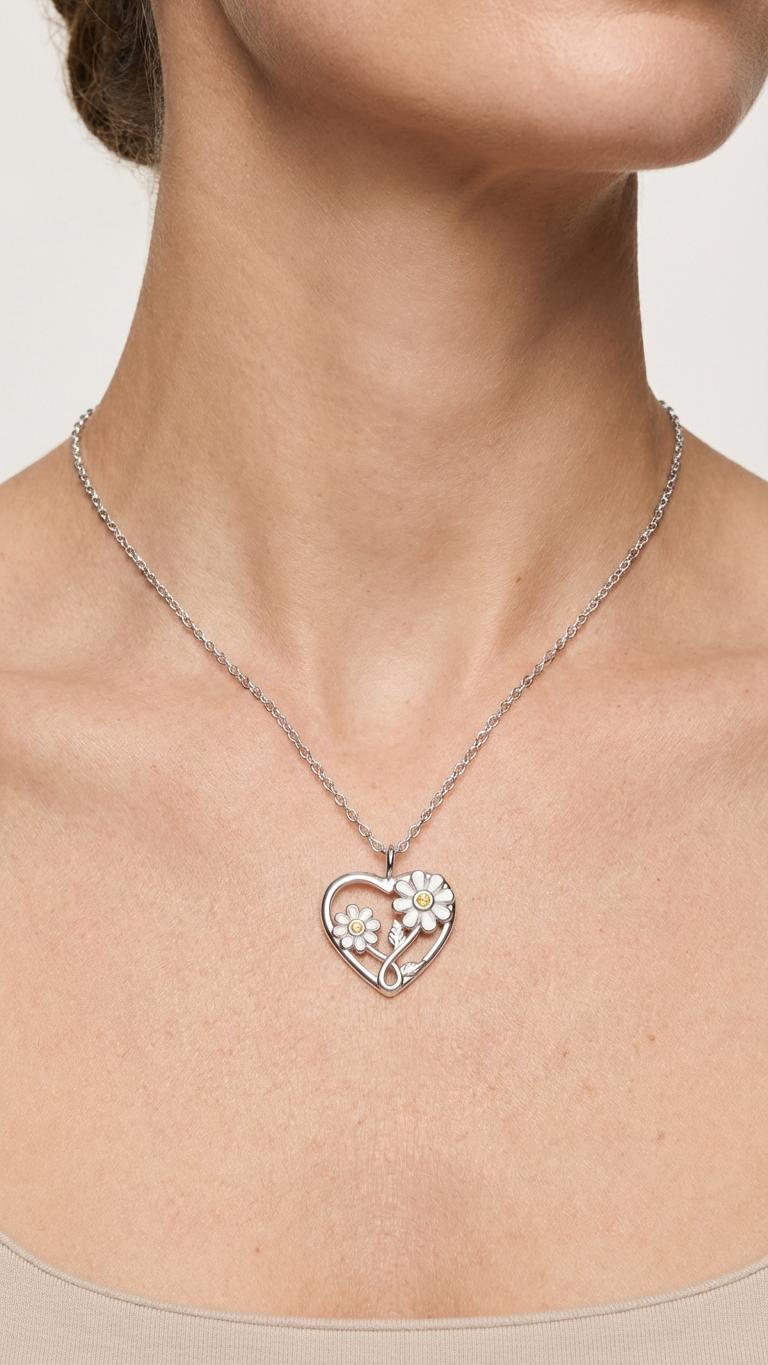 Heart with Sun Flower Sterling Silver Necklace with Cubic Zirconia and Epoxy