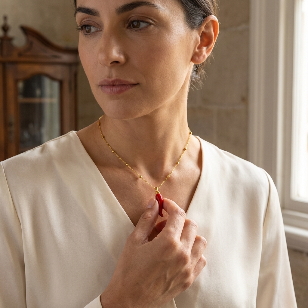 Collar cornicello "Rojo picante" – Cadena satélite de plata esterlina