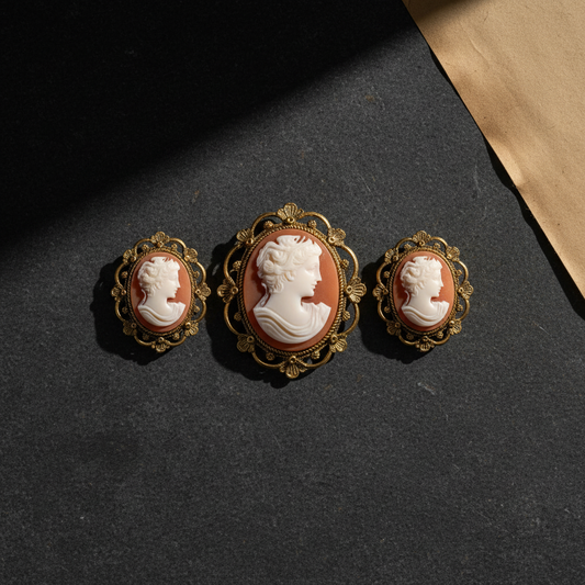 Antique 9ct Yellow Gold Shell Cameo Brooch & Screw Back Earrings Set