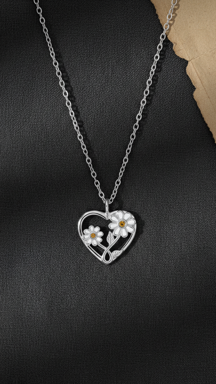 Heart with Sun Flower Sterling Silver Necklace with Cubic Zirconia and Epoxy