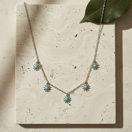 Blue Flower Enamel Necklace, Sterling Silver