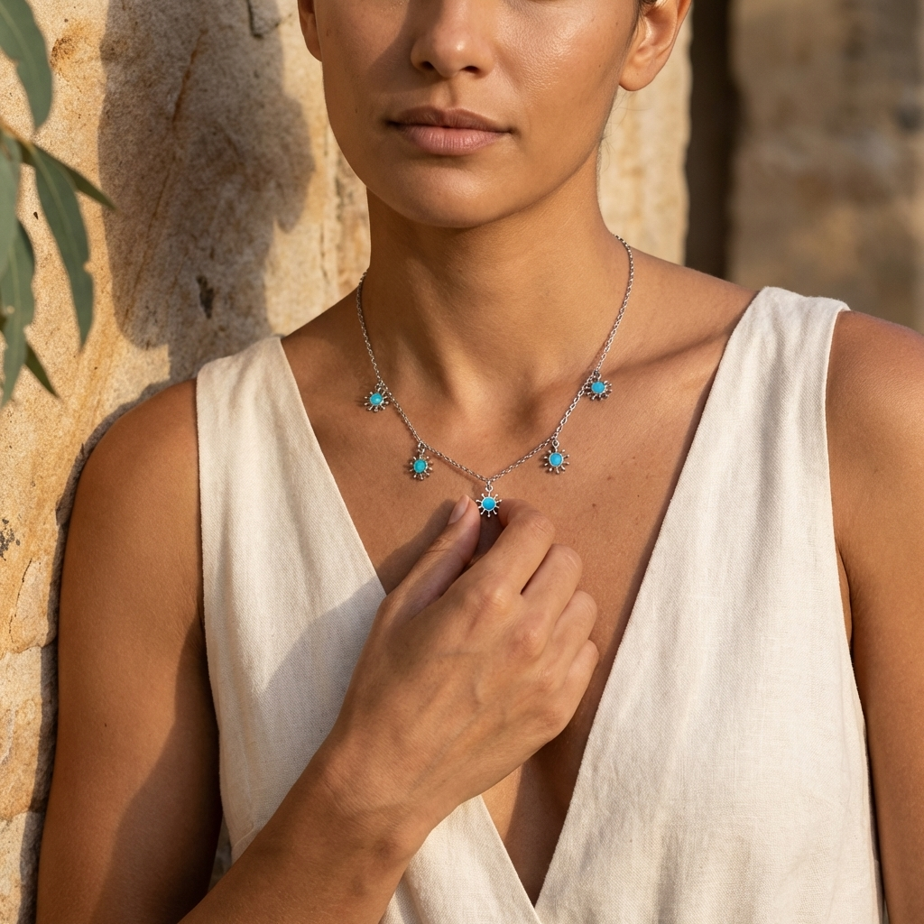 Collar de plata de ley con esmalte de flor azul corta