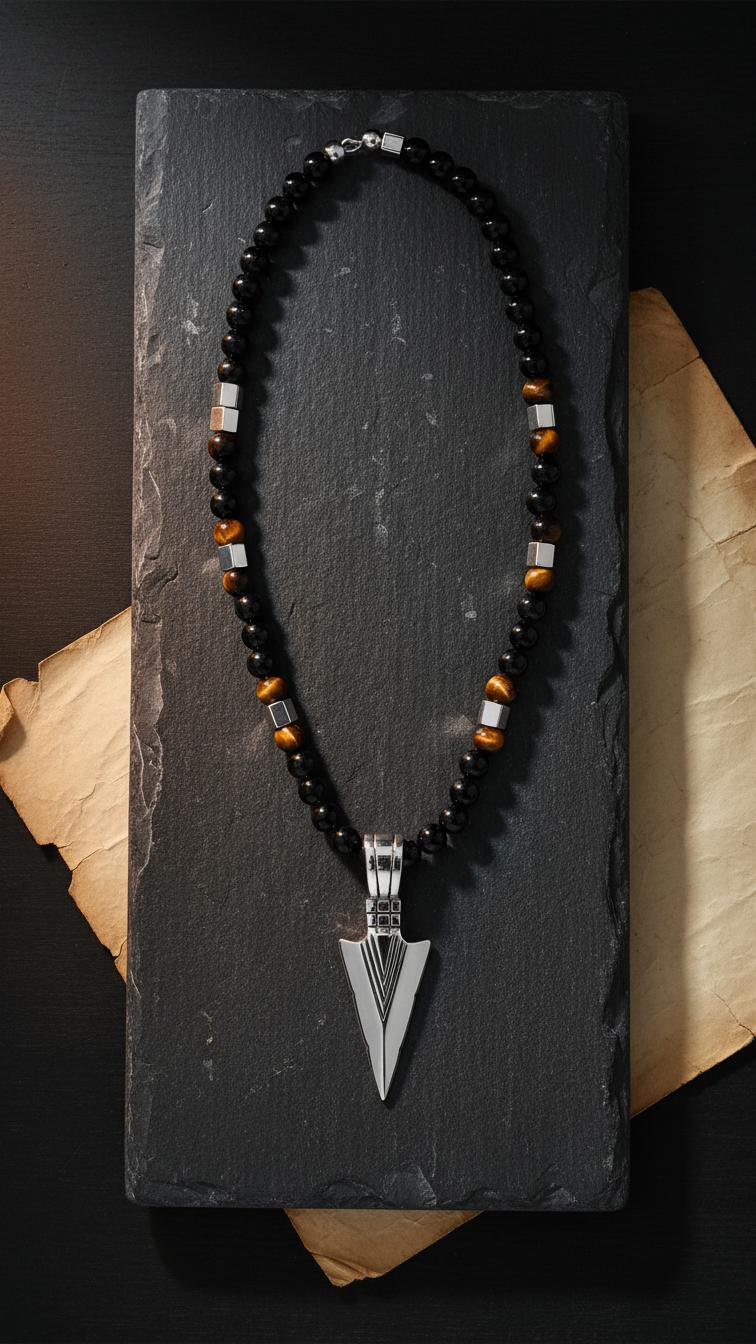Blaze men’s stainless steel arrow pendant with black onyx and tiger eye bead necklace