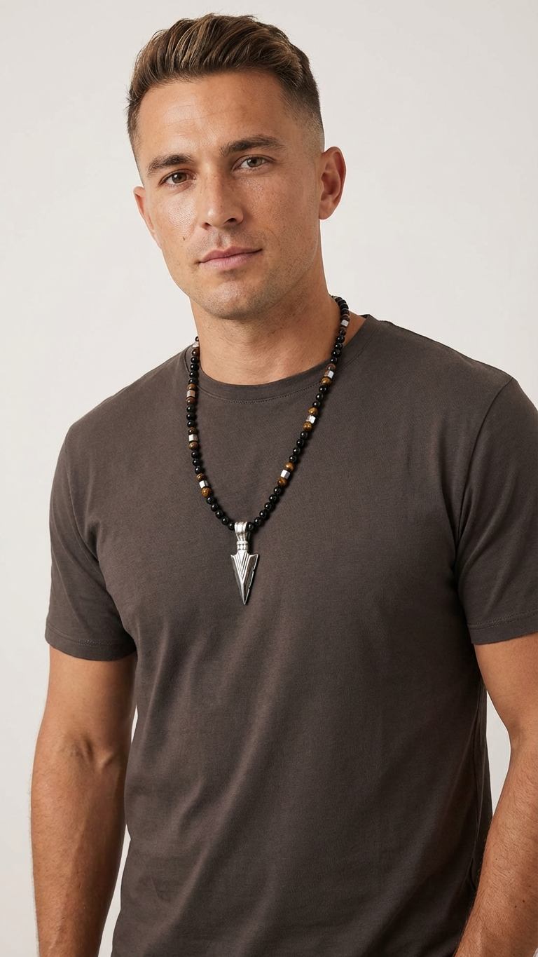 Blaze men’s stainless steel arrow pendant with black onyx and tiger eye bead necklace