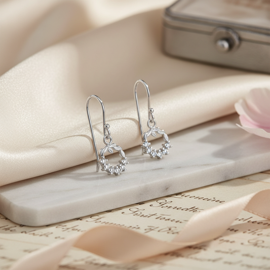 Silver Christmas Wreath Earrings with Cubic Zirconia