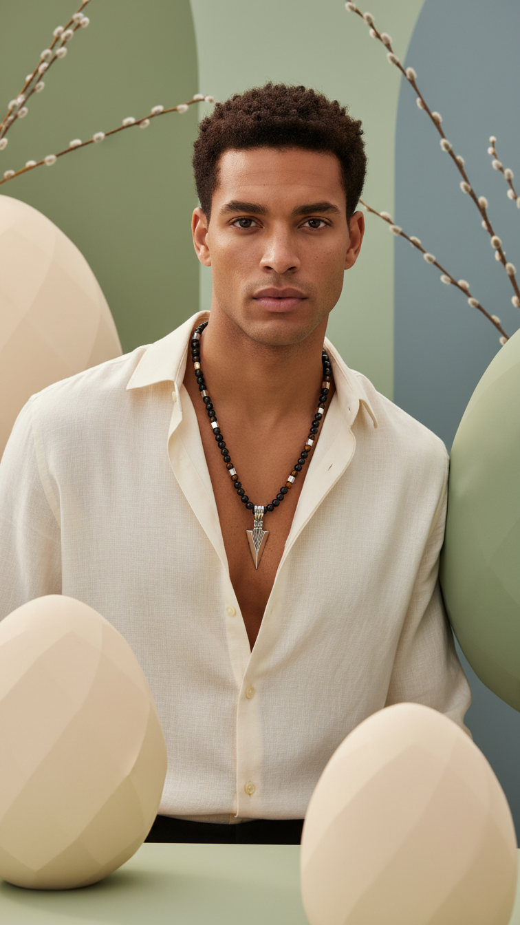 Blaze men’s stainless steel arrow pendant with black onyx and tiger eye bead necklace