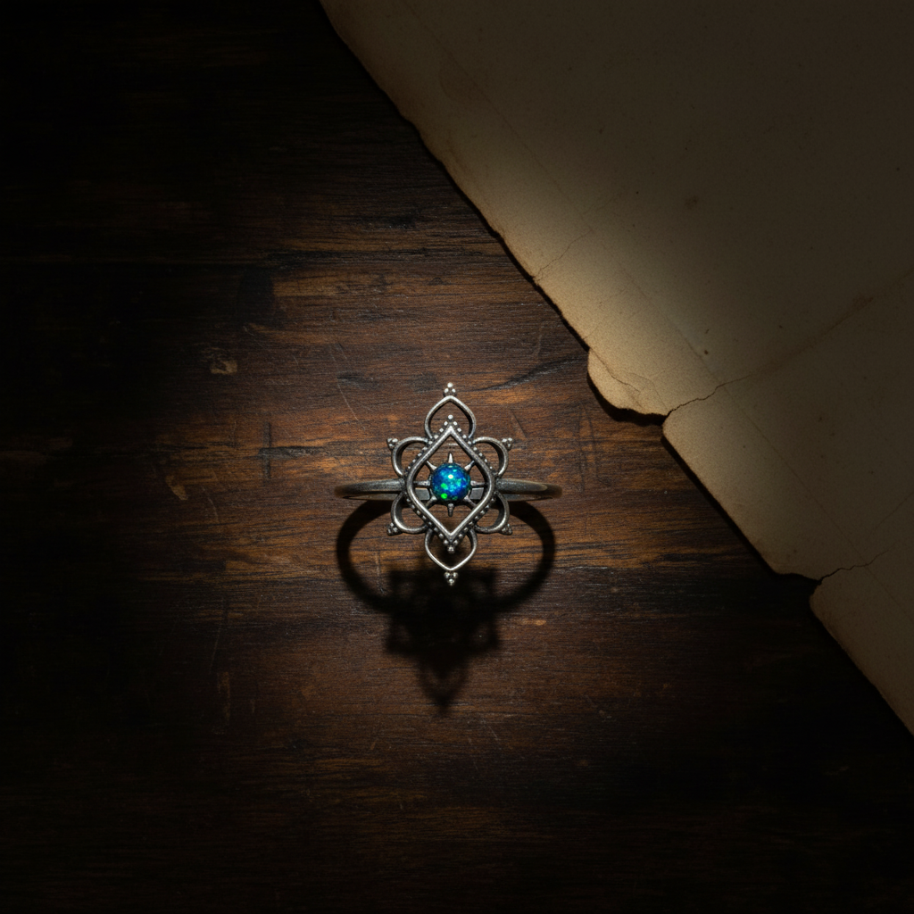 Anillo de plata de ley con filigrana y ópalo sintético