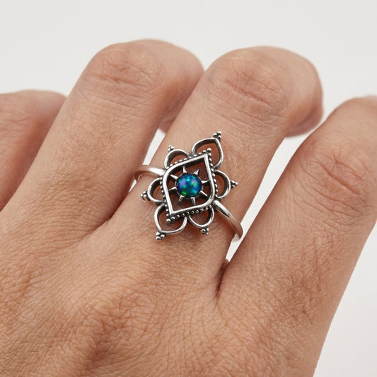 Filigree Sterling Silver Ring with Synthetic Opal
