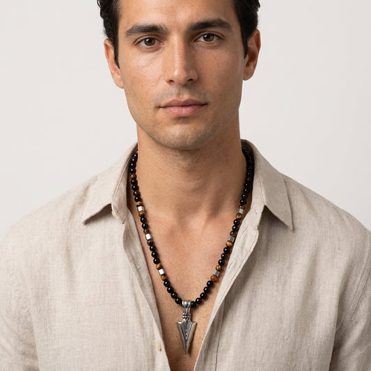 Blaze men’s stainless steel arrow pendant with black onyx and tiger eye bead necklace