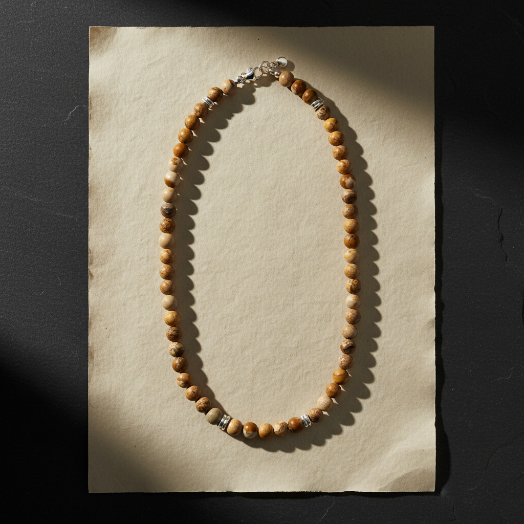 Blaze men’s natural jasper bead necklace with stainless steel details and lobster clasp