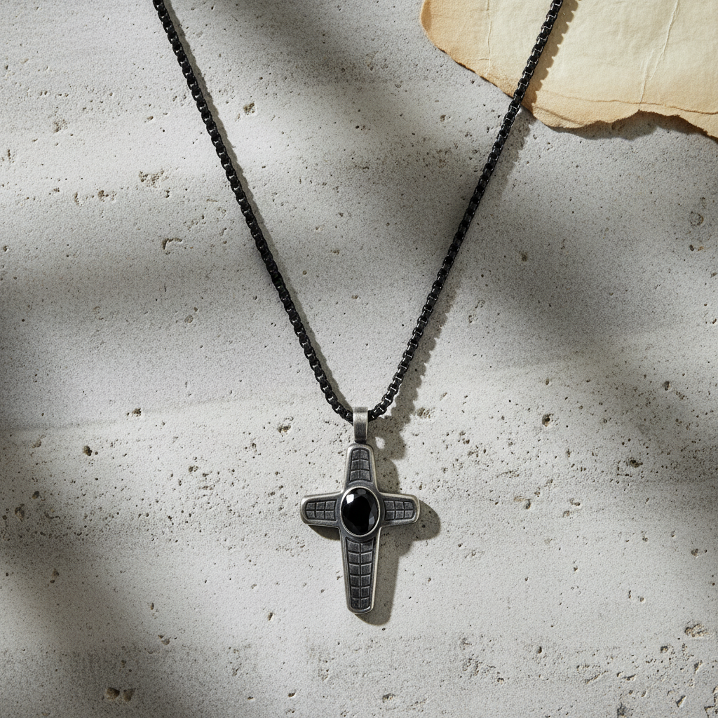 Collar con colgante de cruz Blaze para hombre, de acero inoxidable negro, con borde redondo y patrón
