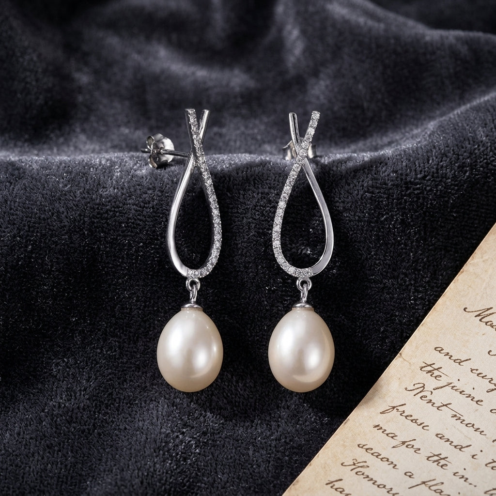 Silver  Oval Freshwater Cultured Pearl / White Cz Drop Pearl