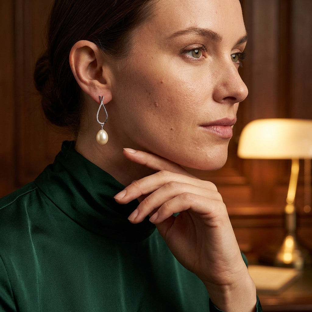 Silver  Oval Freshwater Cultured Pearl / White Cz Drop Pearl