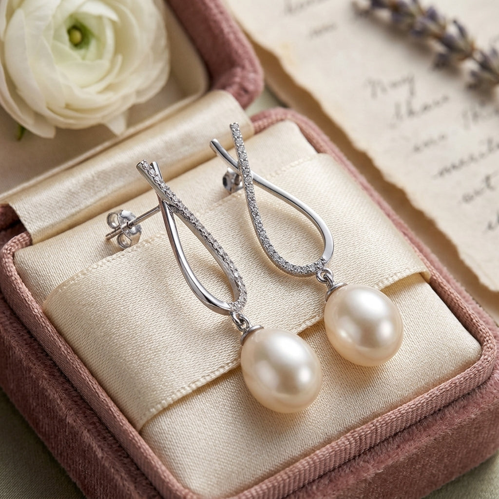 Silver  Oval Freshwater Cultured Pearl / White Cz Drop Pearl