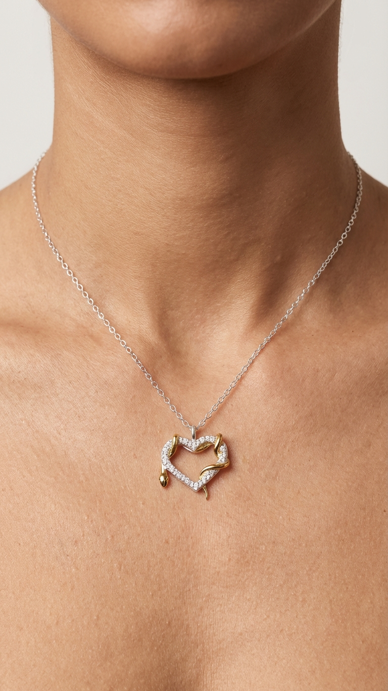 Snake Heart Sterling Silver Necklace with Cubic Zirconia