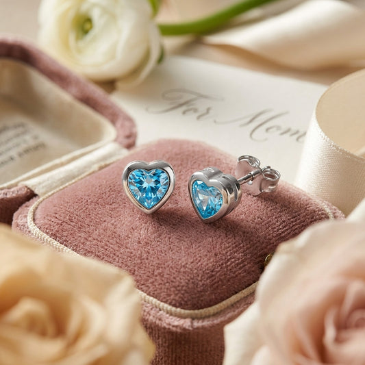 Blue Topaz Heart Studs, Sterling Silver