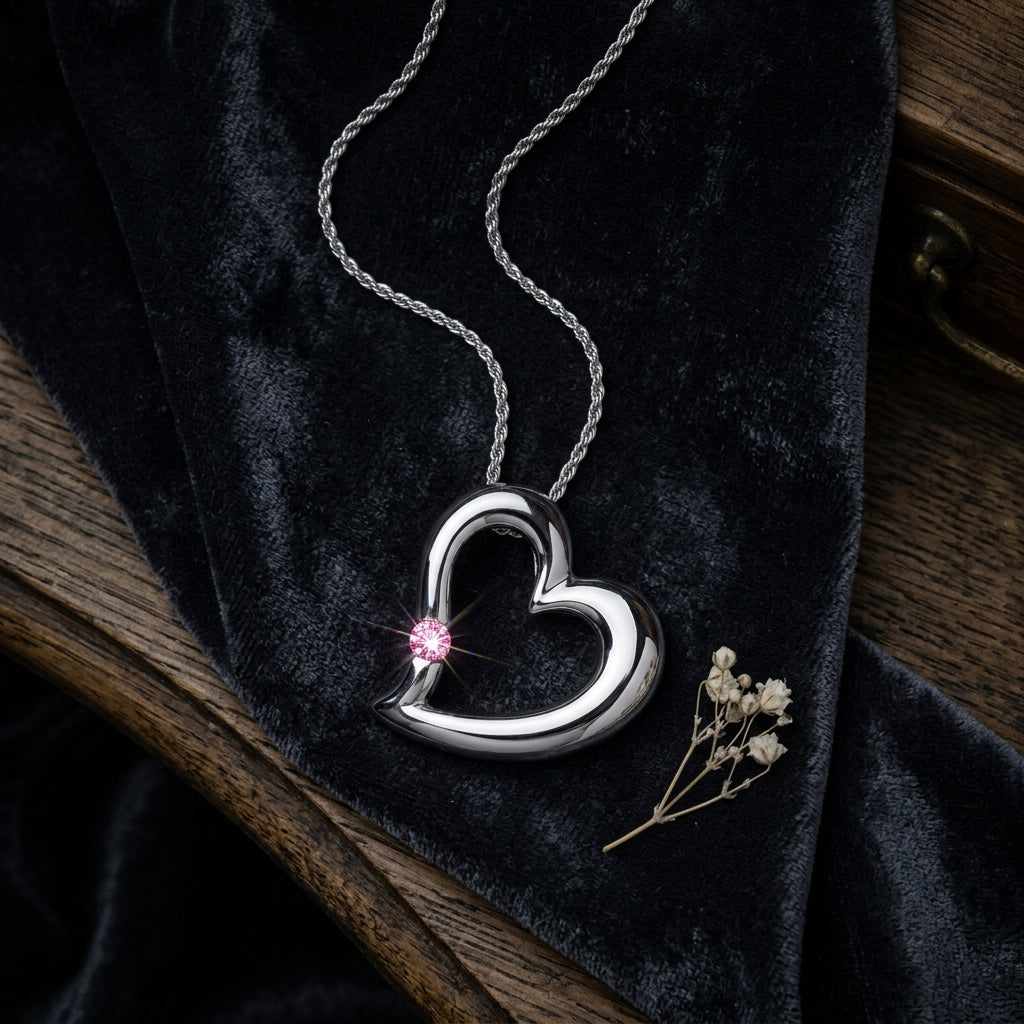 Sterling  Silver Heart Pendant with Pink CZ