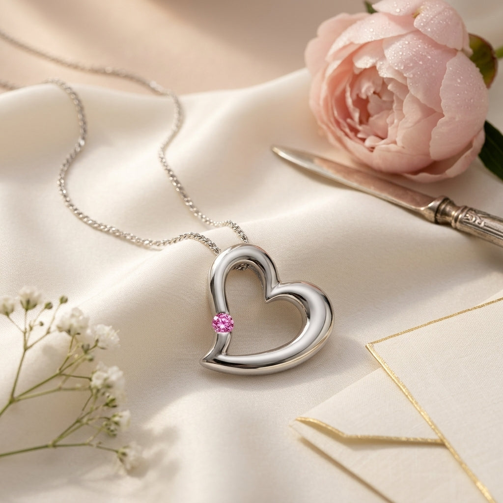 Sterling  Silver Heart Pendant with Pink CZ