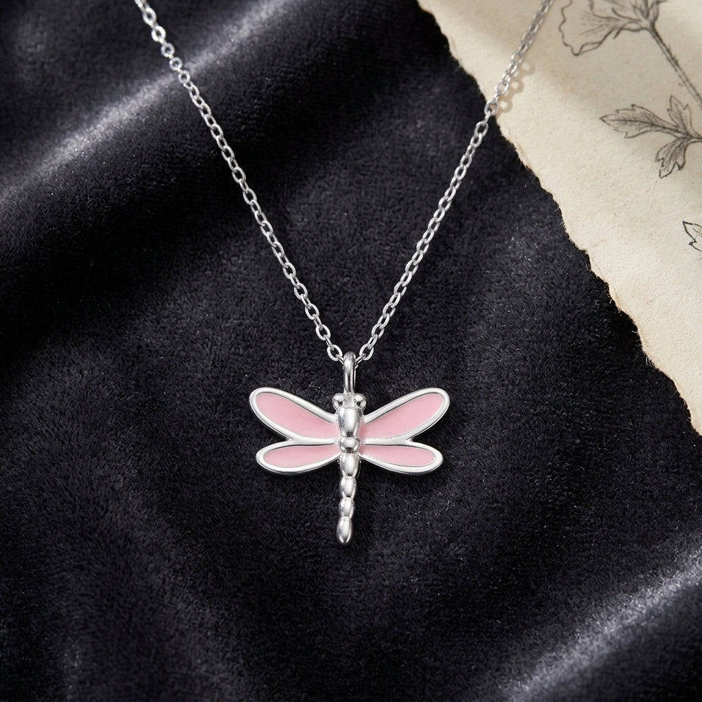 Sterling Silver  Pink Enamel Dragonfly Pendant