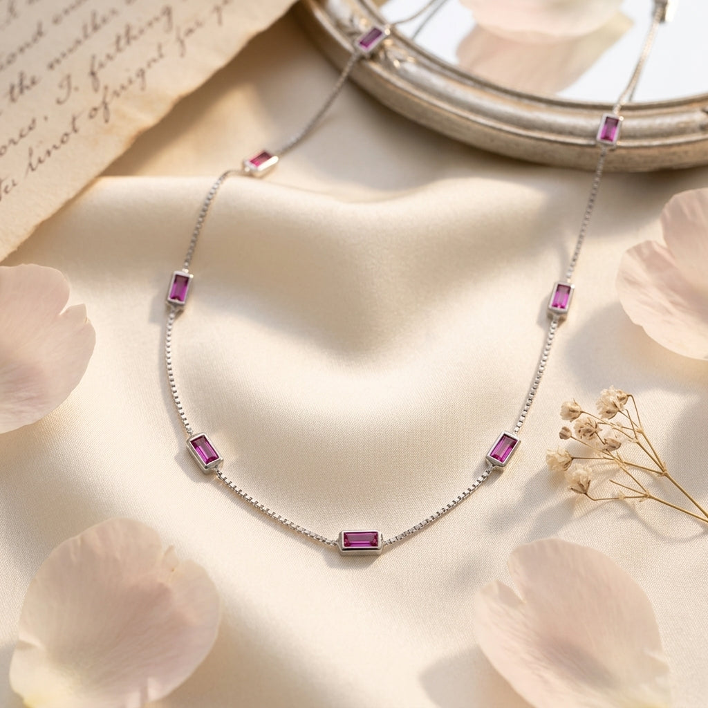 Sterling Silver Fine Box Chain Necklace with Baguette Ruby-Pink CZ
