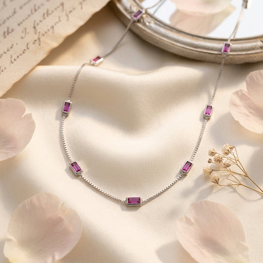 Sterling silver fine box chain necklace with multi baguette set ruby pink CZ