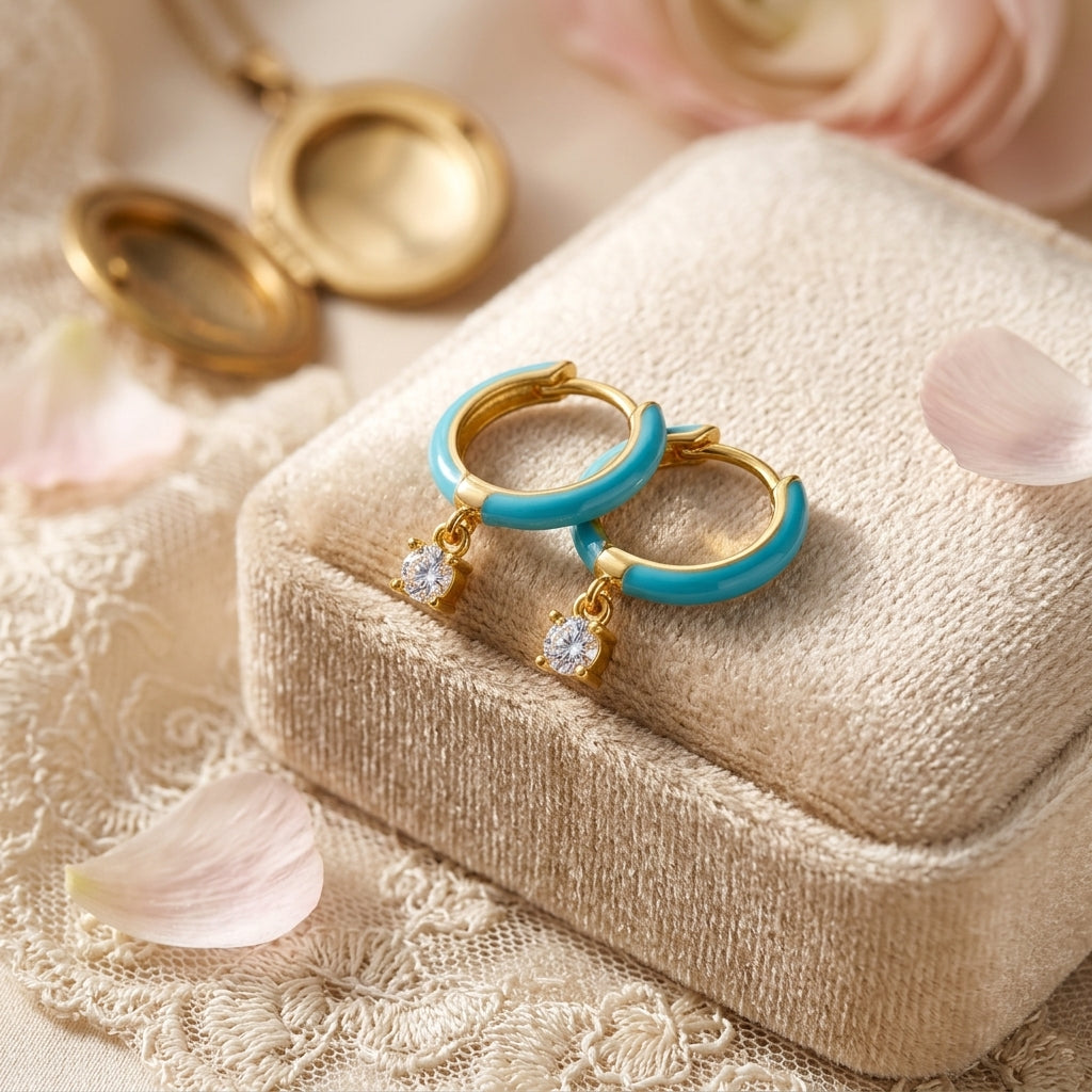 Sterling Silver Gold-Plated Hoop Earrings with Blue Enamel & CZ
