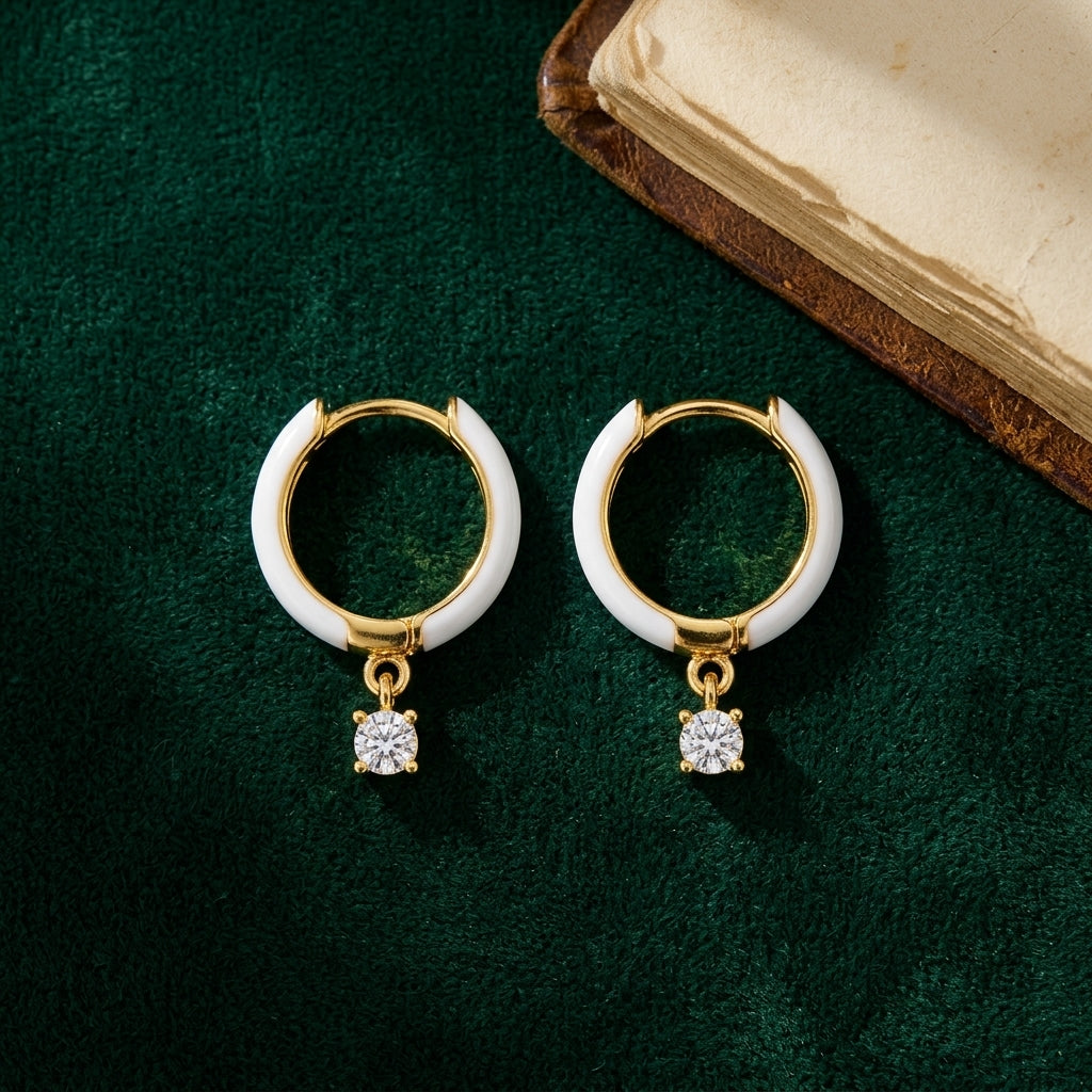 Sterling Silver Gold-Plated Hoop Earrings with White Enamel & CZ