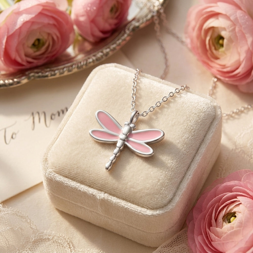 Sterling Silver  Pink Enamel Dragonfly Pendant