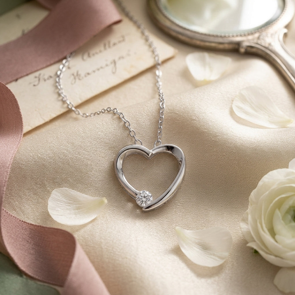 Colgante de corazón abierto de plata de ley con circonitas cúbicas blancas