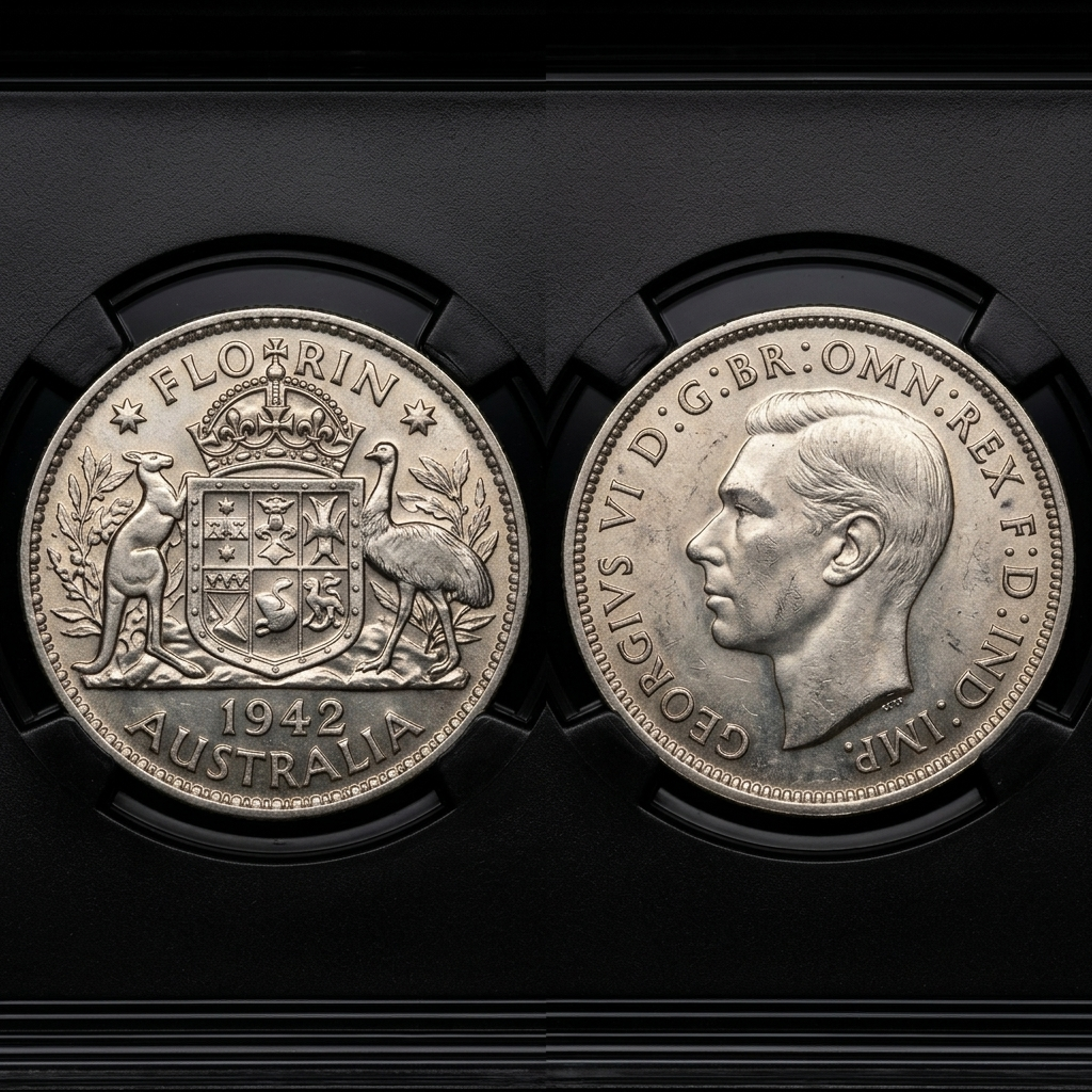 1942 Australian Florin Two Shillings Silver Coin King George VI