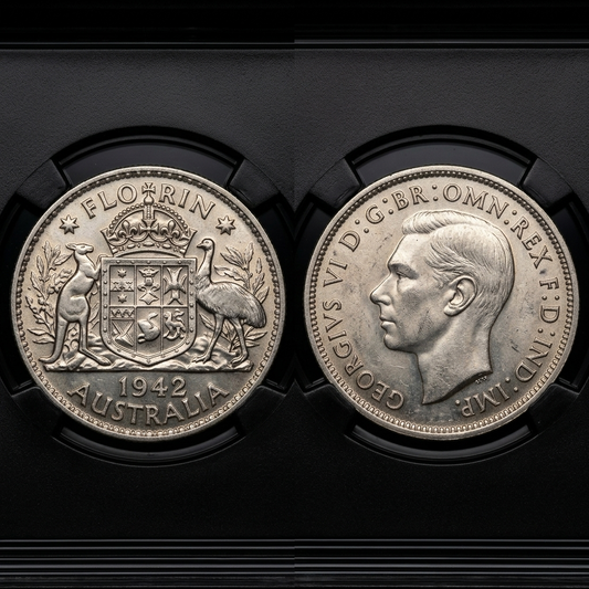 1942 Australian Florin Two Shillings silver coin; obverse features monarch portrait, reverse shows shield and kangaroos.