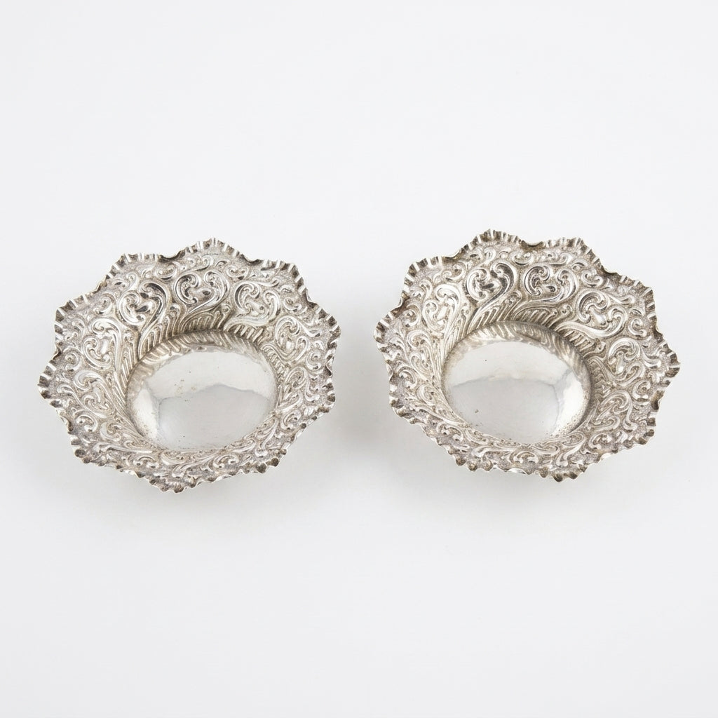Antique Scottish Sterling Silver Bonbon Dishes Pair Edinburgh 1898 Repousse