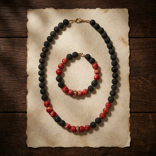 Vintage Natural Red Black Coral Beaded Necklace And Bracelet Set