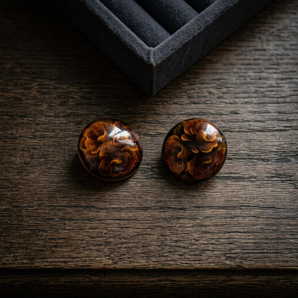 Vintage Hand Painted Round Wooden Floral Clip On Earrings With Autumn Colors