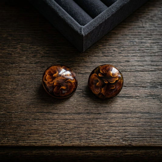 Vintage Hand Painted Round Wooden Floral Clip On Earrings With Autumn Colors