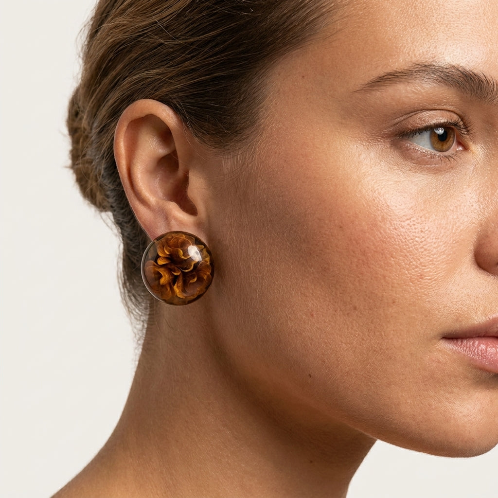 Vintage Hand Painted Round Wooden Floral Clip On Earrings With Autumn Colors