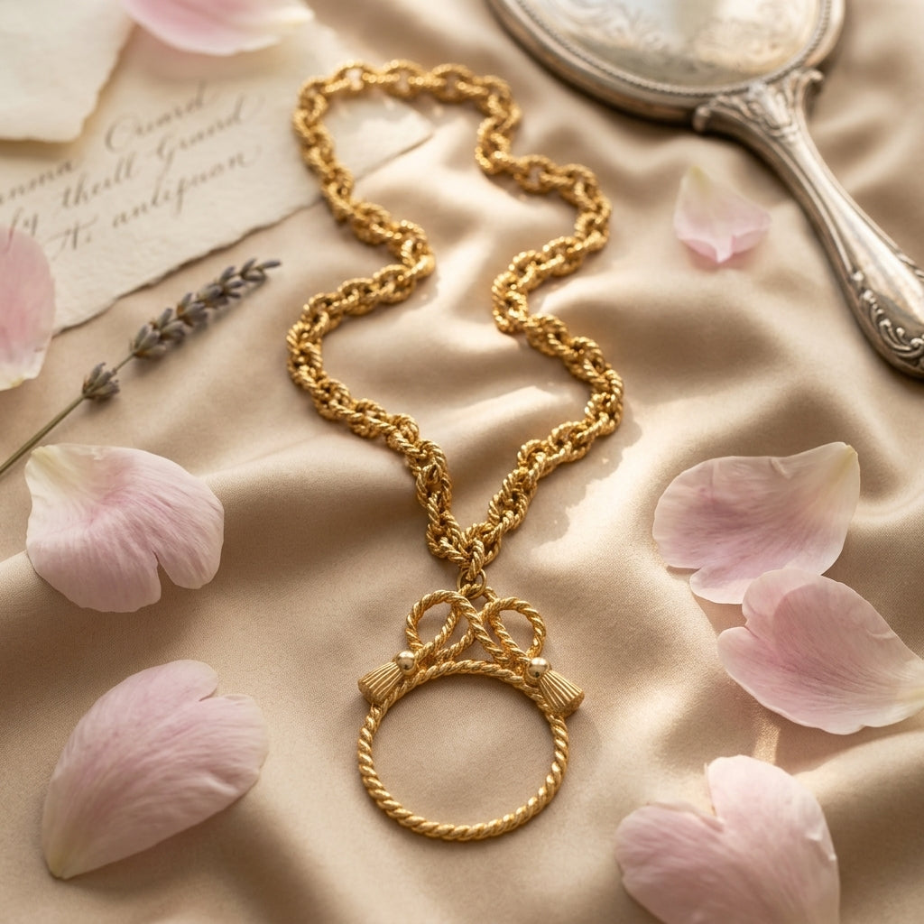 Vintage Gold Tone Bow Lens Pendant Necklace With Rope Chain