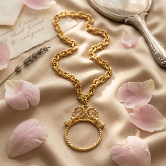 Vintage Gold Tone Bow Lens Pendant Necklace With Rope Chain