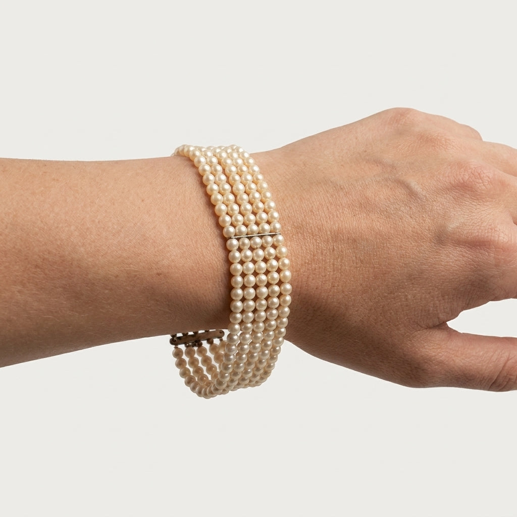 Vintage Four Strand Pearl Bracelet Choker With Spacer Bars And Hook Clasp