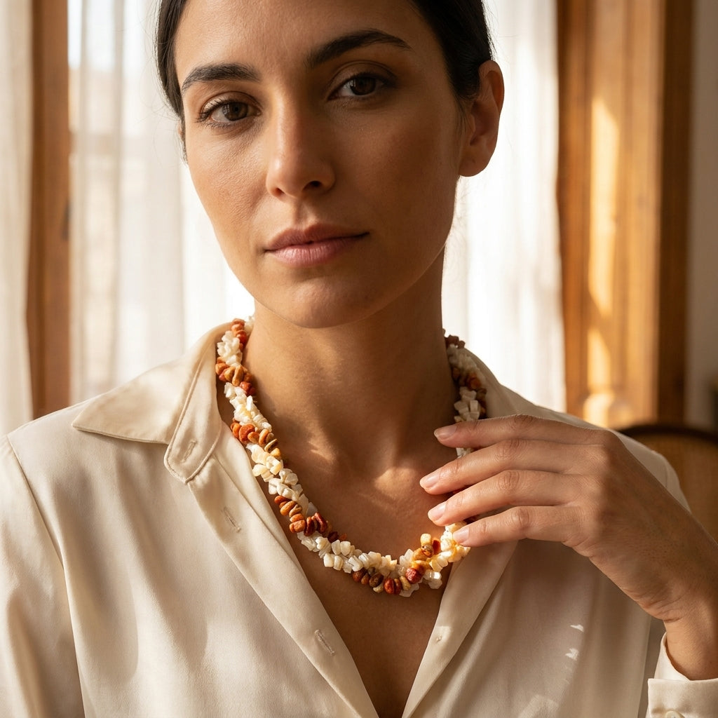 Vintage Shell Chip Multistrand Torsade Necklace Boho Beachy Charm