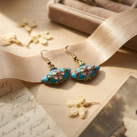 Vintage Style Cloisonne Enamel Fan Earrings Turquoise Blue Floral Gold Tone
