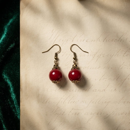Red Bead Dangle Drop Earrings Antique Gold Tone Vintage Style Fashion Jewelry