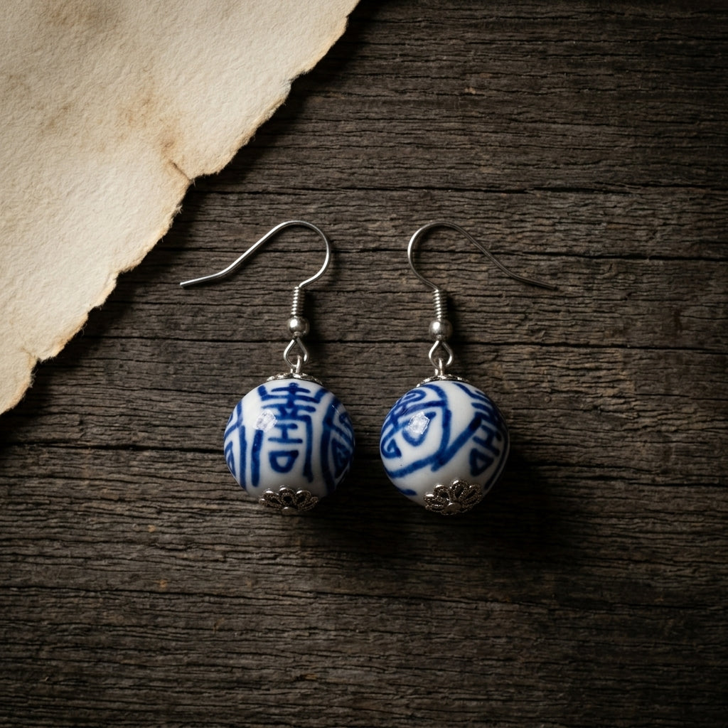 Blue White Porcelain Style Bead Dangle Earrings Silver Tone Fashion Jewelry