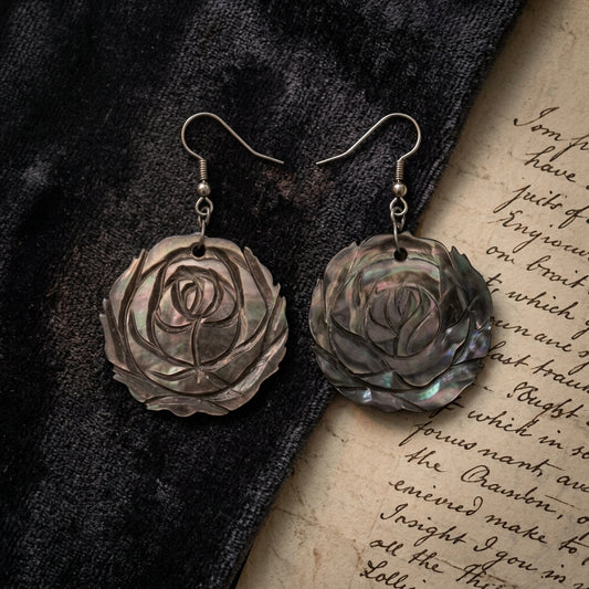 Vintage Style Carved Floral Shell Dangle Earrings Dark Grey Silver Tone
