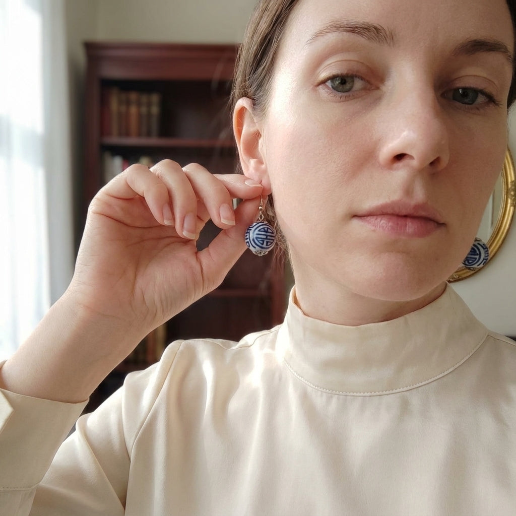 Blue White Porcelain Style Bead Dangle Earrings Silver Tone Fashion Jewelry