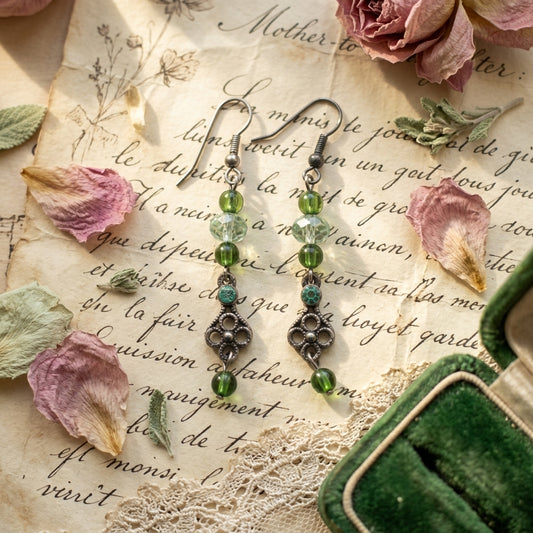 Green Beaded Dangle Drop Earrings Vintage Silver Tone Boho Fashion Jewellery
